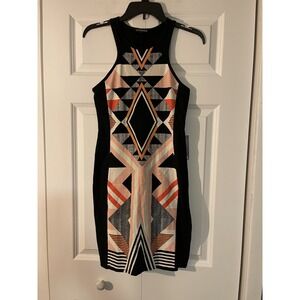 Express small  Aztec Bodycon  Tank dress black white coral orange Barbiecore nwt